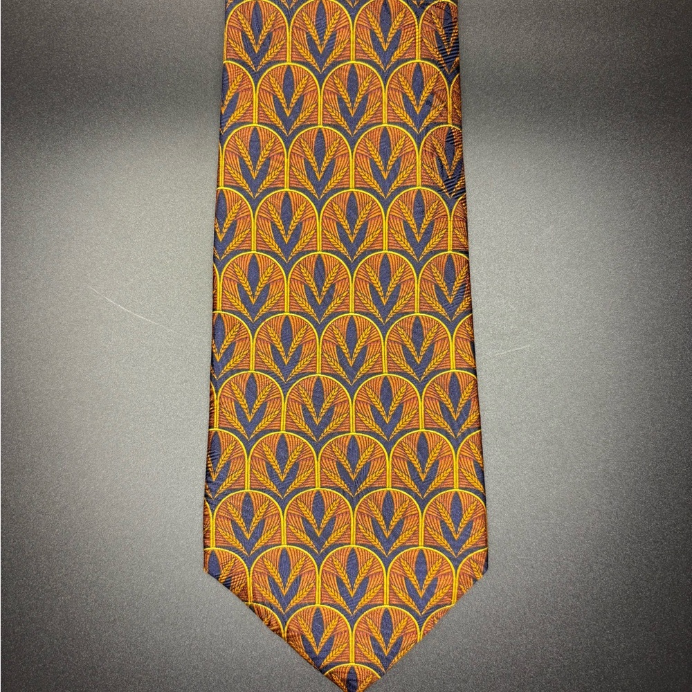 Fumagalli’s Italian Silk Neck Tie Orange Blue Art Deco Pattern Luxury Designer